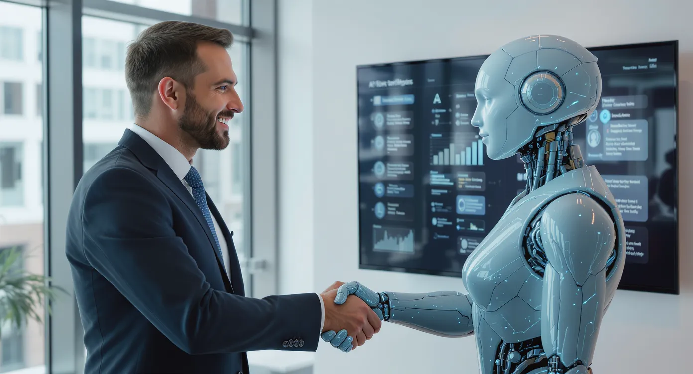 Close-up van een zakenman die in een moderne kantoorruimte een handshake doet met een AI-consultant terwijl op de achtergrond een scherm met grafieken en een chatvenster over workflows zichtbaar is.
