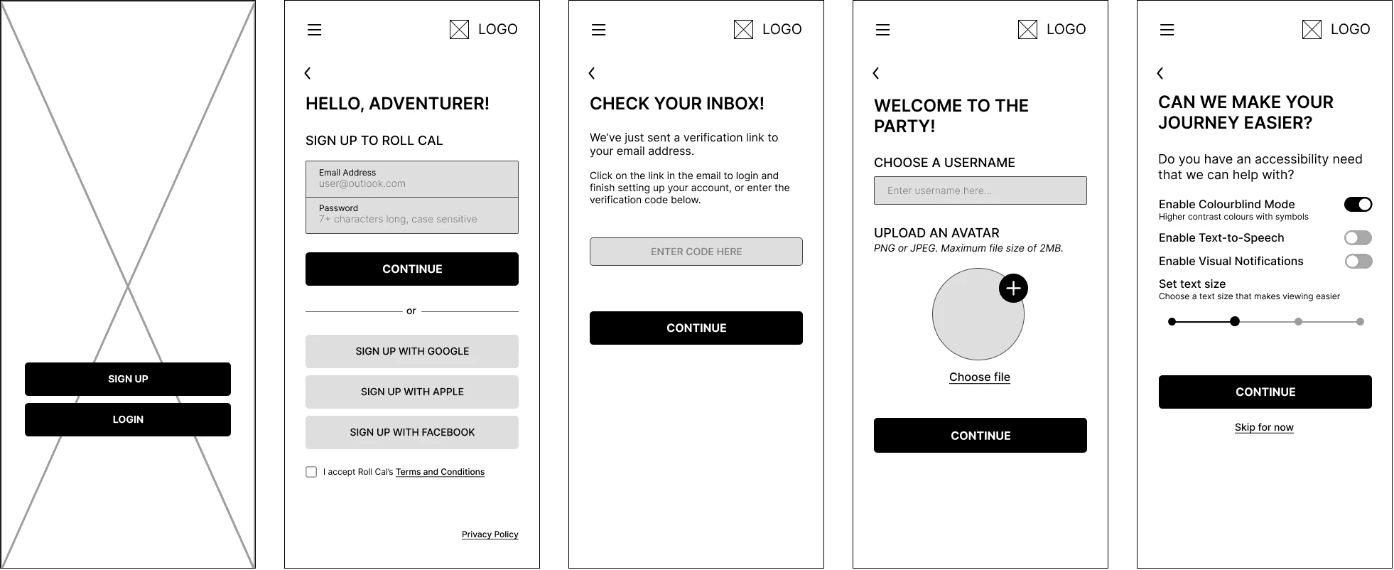 A selection of mid-fidelity screens in monochrome and depicting some of the accessible onboarding process.