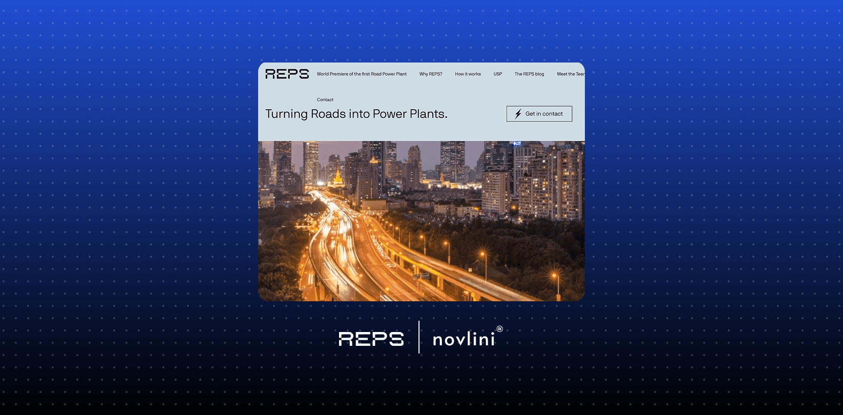 Screenshot of the REPS website homepage showing a city skyline at dusk with bright highway lights and the headline Turning Roads into Power Plants.