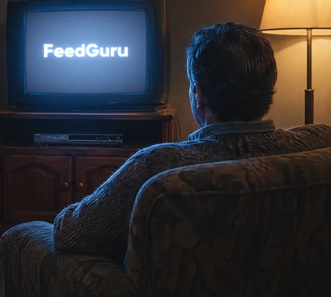 Un hombre de espaldas, sentado en un sillón en un living de los años noventa, mira de noche un televisor de tubo que muestra el logo de FeedGuru; la luz azul de la pantalla y una lámpara de pie cálida iluminan la habitación.
