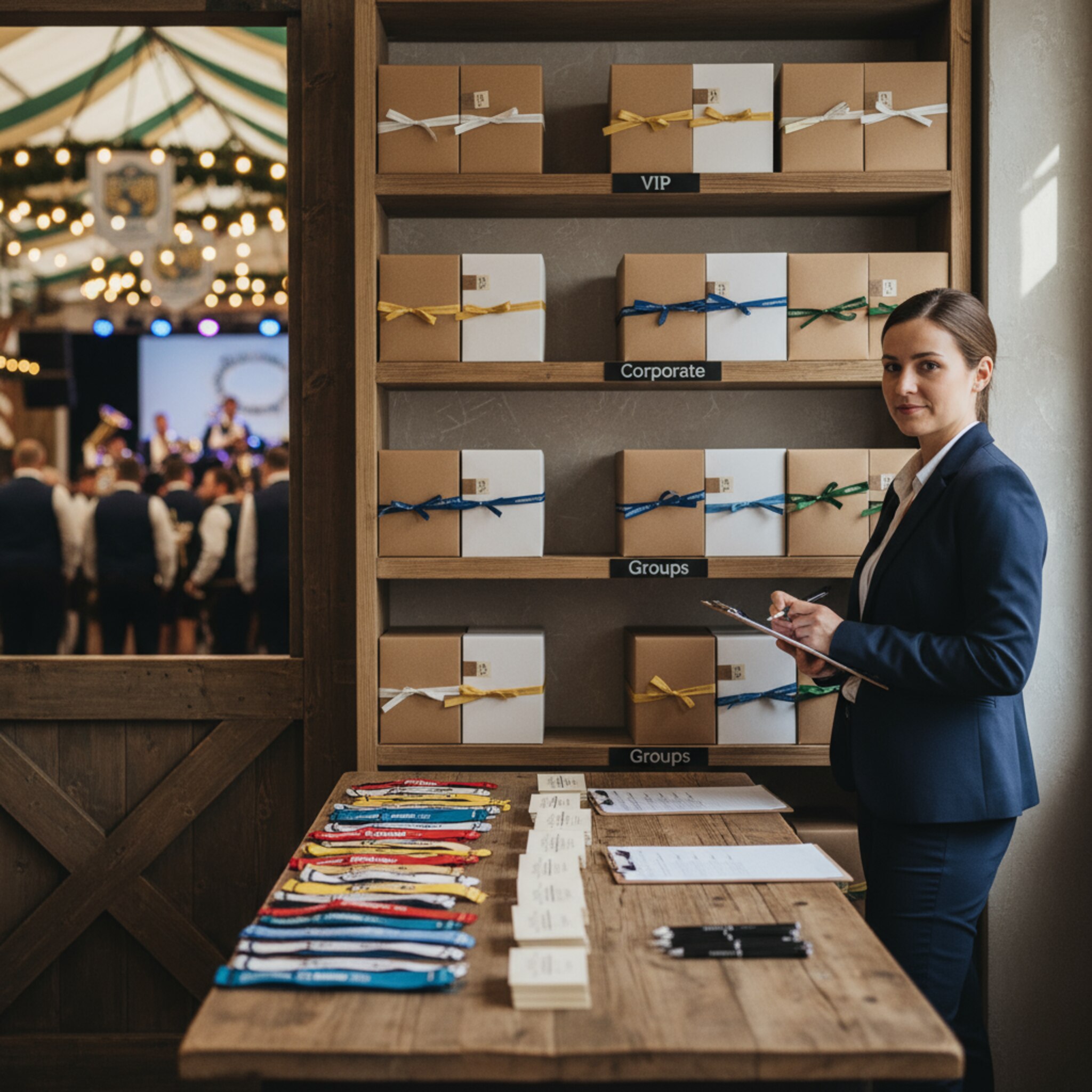 Hinter den Kulissen: Ein Regal mit ordentlich sortierten Boxen für VIP, Firmen und Gruppen. Daneben liegen Namensbänder und Platzkarten bereit. Ein Veranstalter prüft ruhig die Listen, während durch die Tür gedämpft Musik und Jubel aus dem Zelt dringen.