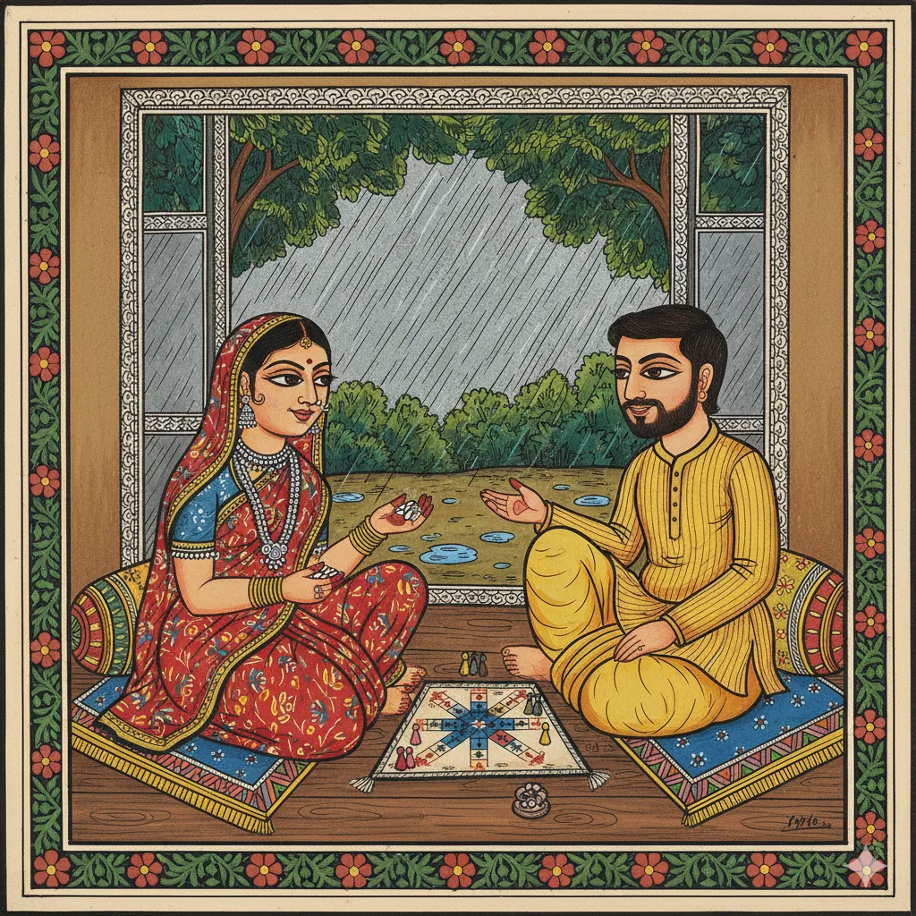 young couple playing Pachisi, rains