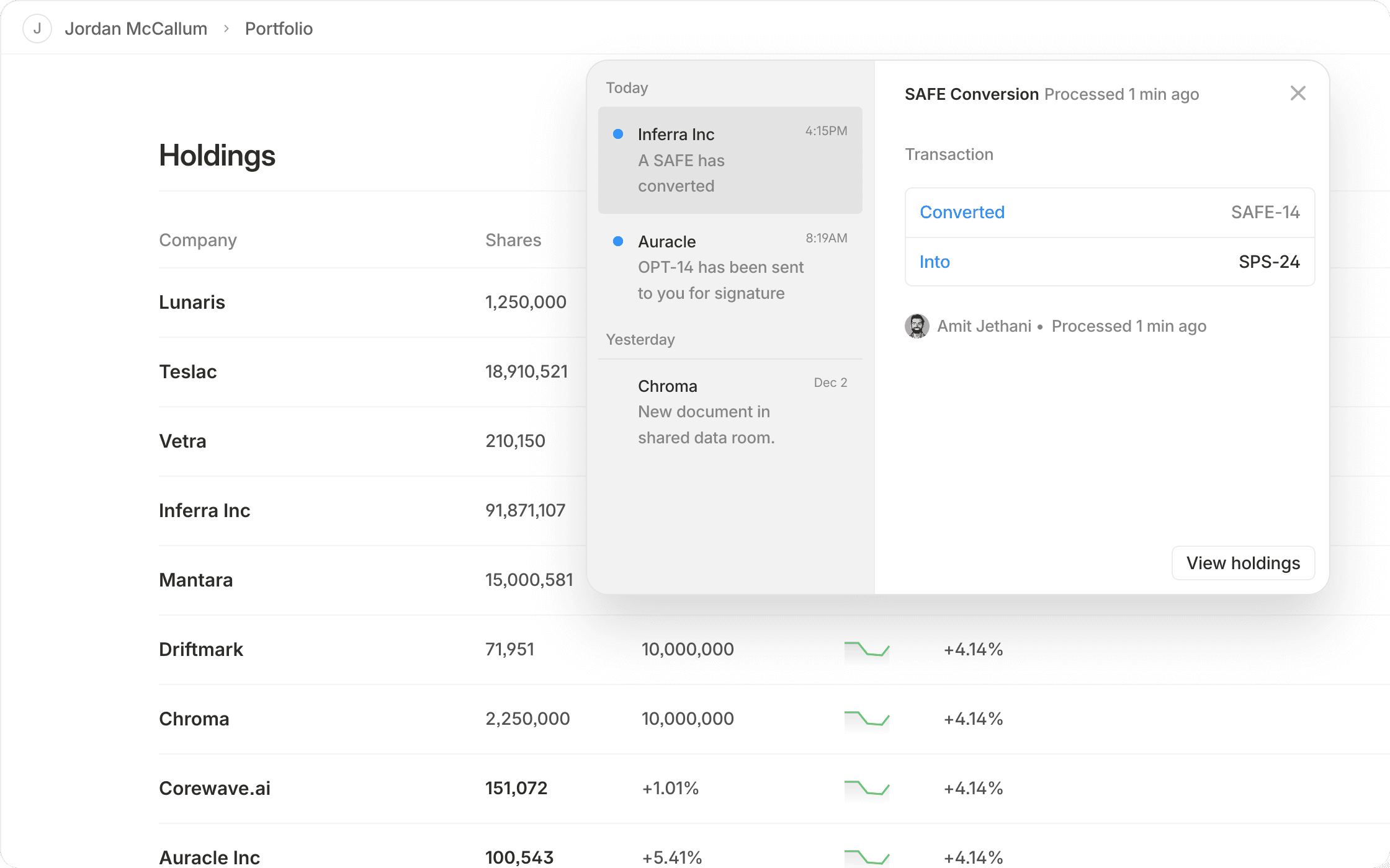 Financial portfolio dashboard showing company holdings and recent transactions. The list includes company names and share amounts. A pop-up highlights a SAFE conversion transaction, indicating recent activity. The interface appears structured and modern.