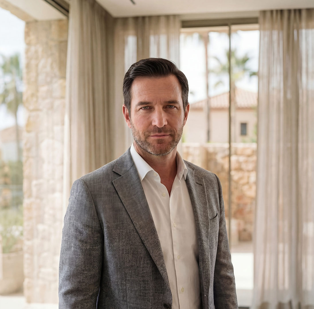 Professional real estate advisor portrait in a modern Marbella villa interior with natural light and refined architecture
