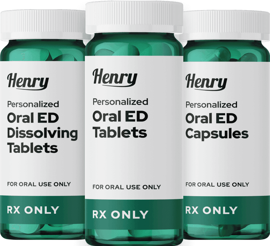 Three bottles of oral ed tablets, oral dissolving tablets, and oral ed capsules.