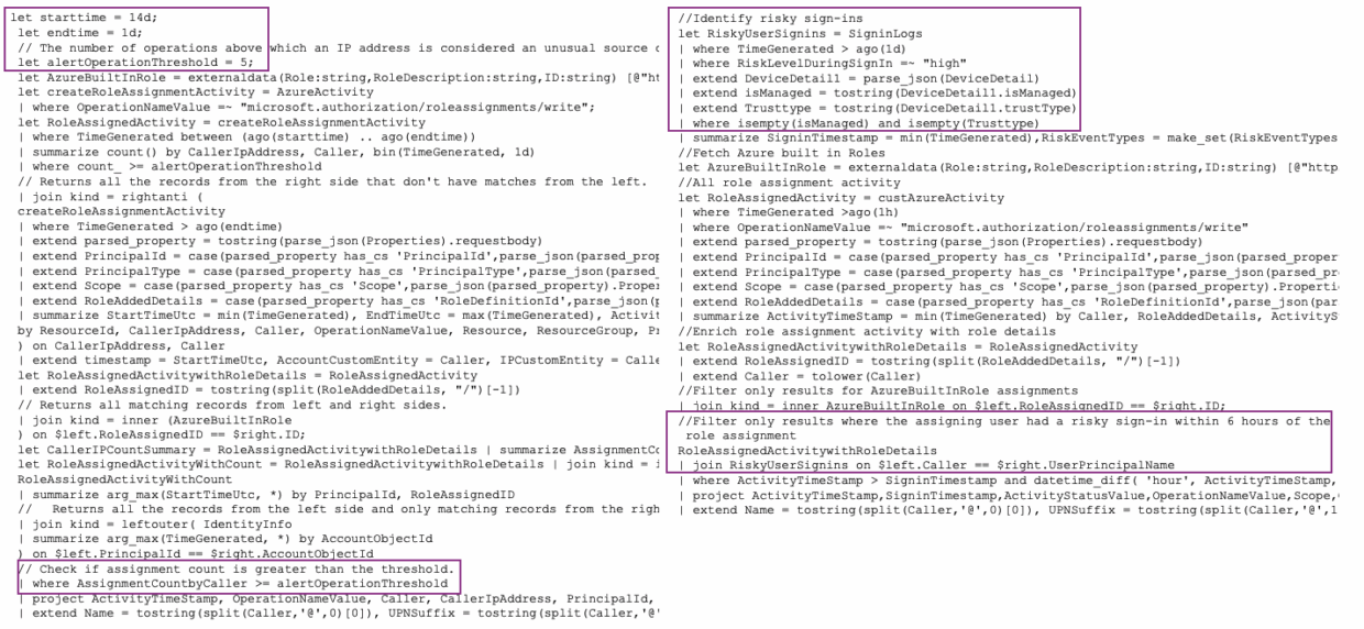 Codeschnipsel, der die Logik eines technischen Programms in Bezug auf die Erkennung ungewöhnlicher IP-Adressen zeigt, einschließlich Funktionen zur Identifizierung von Aktivitäten und zur Handhabung von Zuweisungen. Schlüsselwörter wie 'Ontinue ION Detection Stack' sind vorhanden.