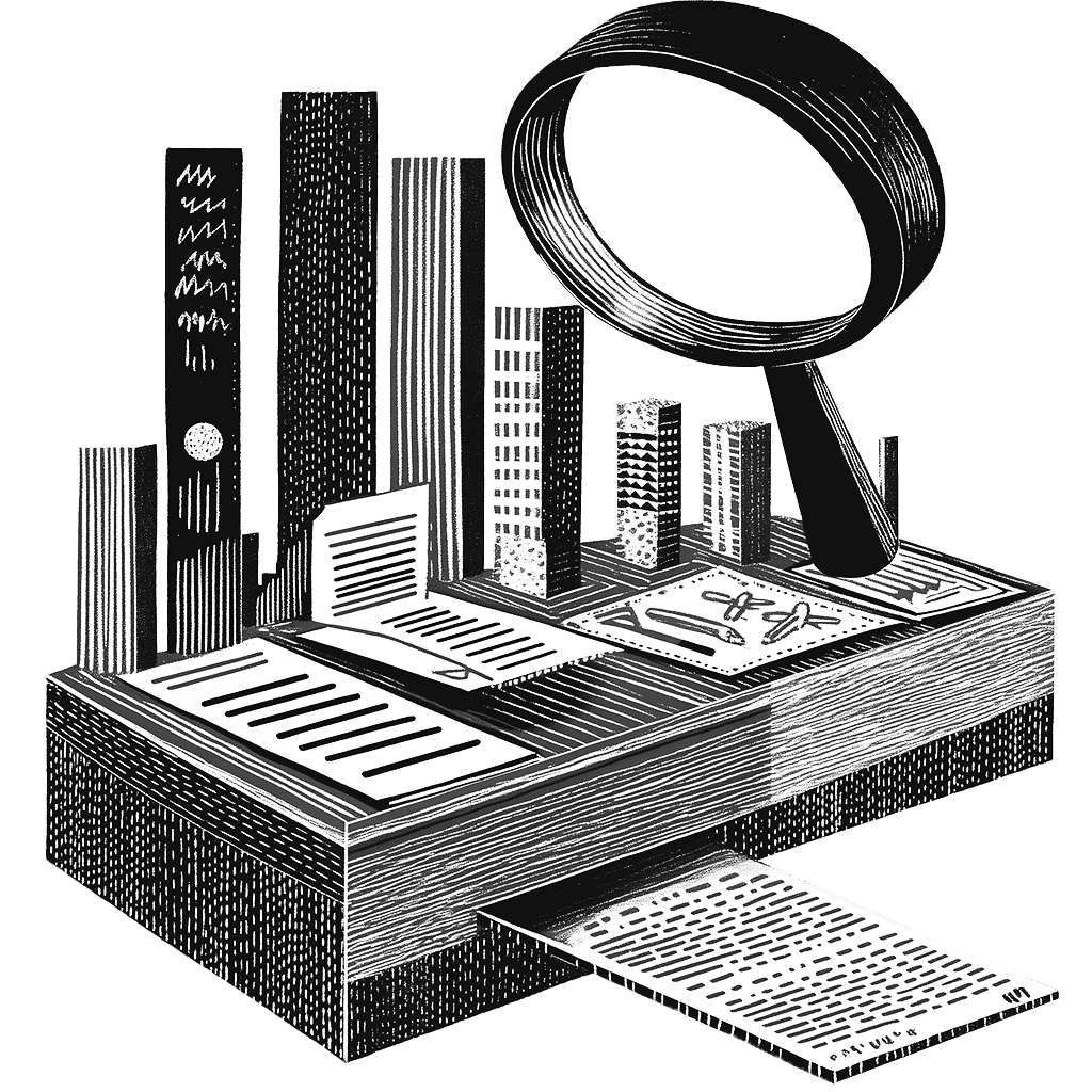 Black and white illustration of documents, buildings, magnifying glass. Research, analysis, and documentation.