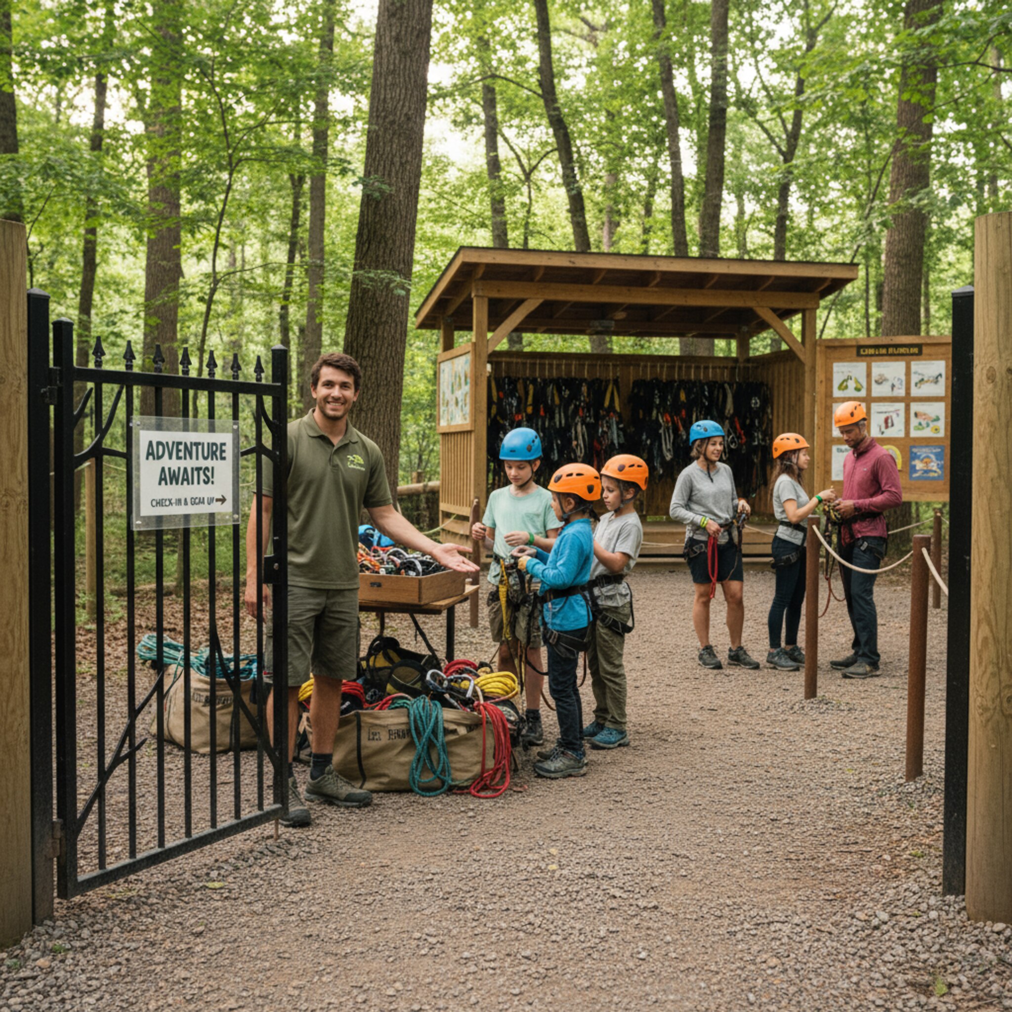 Am Eingangstor steht ein schmaler Durchgang mit freundlicher Beschilderung. Ein Mitarbeiter winkt eine Familie durch, während andere ihre Helme zurechtrücken. Armbänder werden angelegt, dann geht es gesammelt Richtung Vorbereitungsbereich.