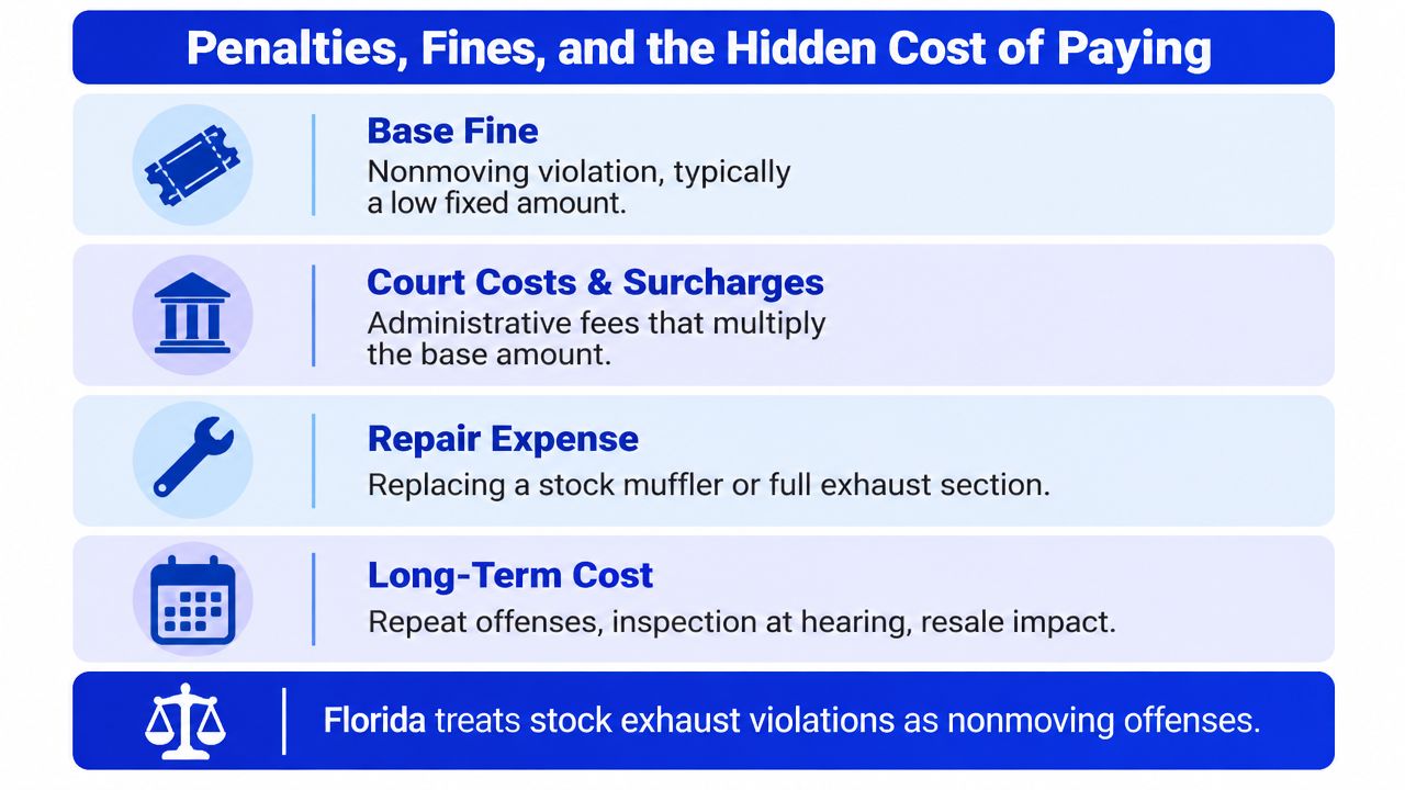 An infographic detailing the financial breakdown and long-term costs of Florida exhaust system violation penalties and fines.