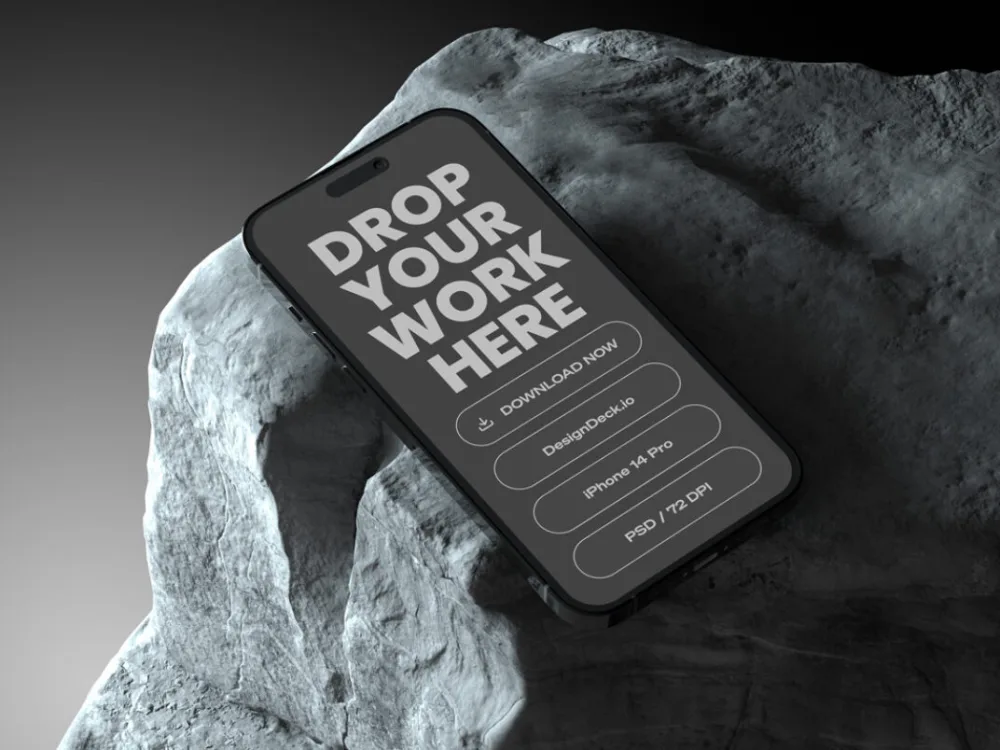 iPhone mockup displayed on a rugged, textured rock surface under dramatic lighting. The screen features a dark interface, creating a bold contrast with the stone background, emphasizing the phone's sleek design.