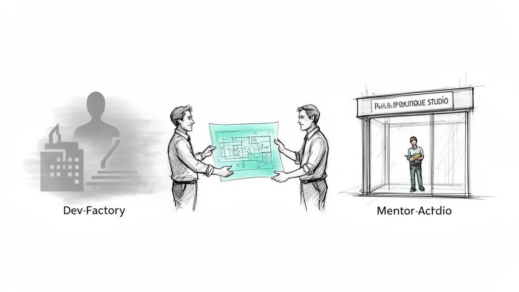 Illustration depicting outsourced app development process with Dev-Factory, blueprint exchange, and Mentor-Actdio studio.