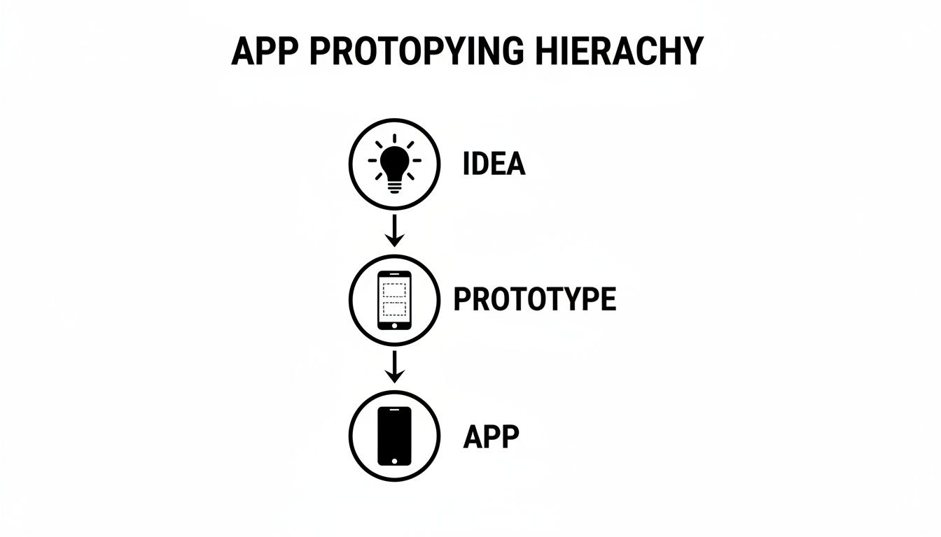 A diagram illustrating the app prototyping hierarchy, showing the progression from Idea to Prototype to App.