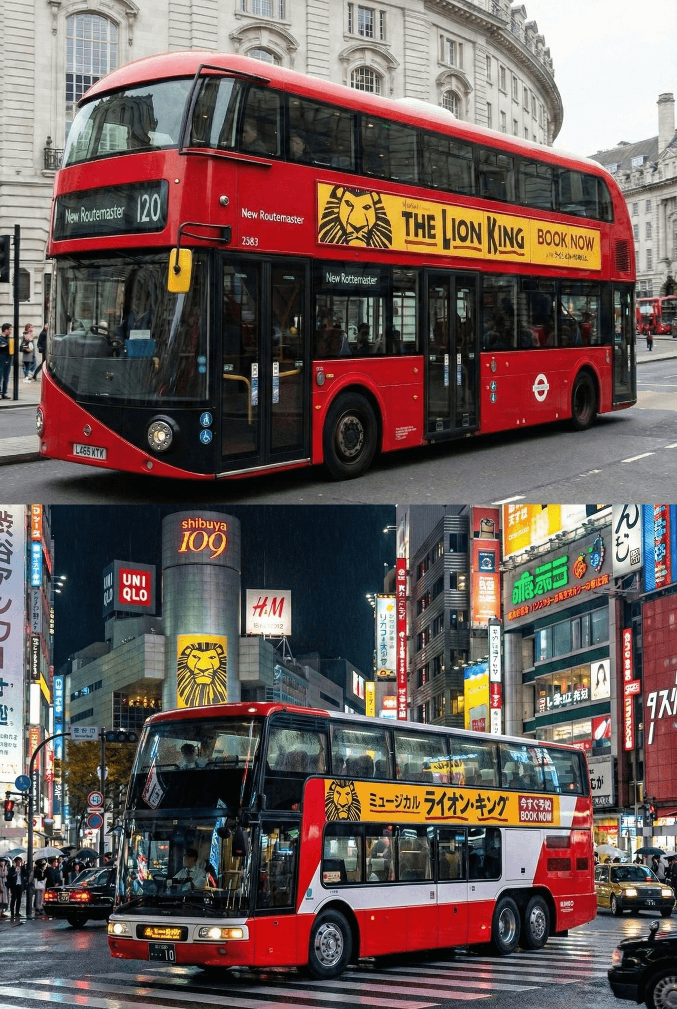 [Input image of a London bus stop ad]  "Take this concept and localize it to a Tokyo setting, including translating the tagline into Japanese. Change the background to a bustling Shibuya street at night."