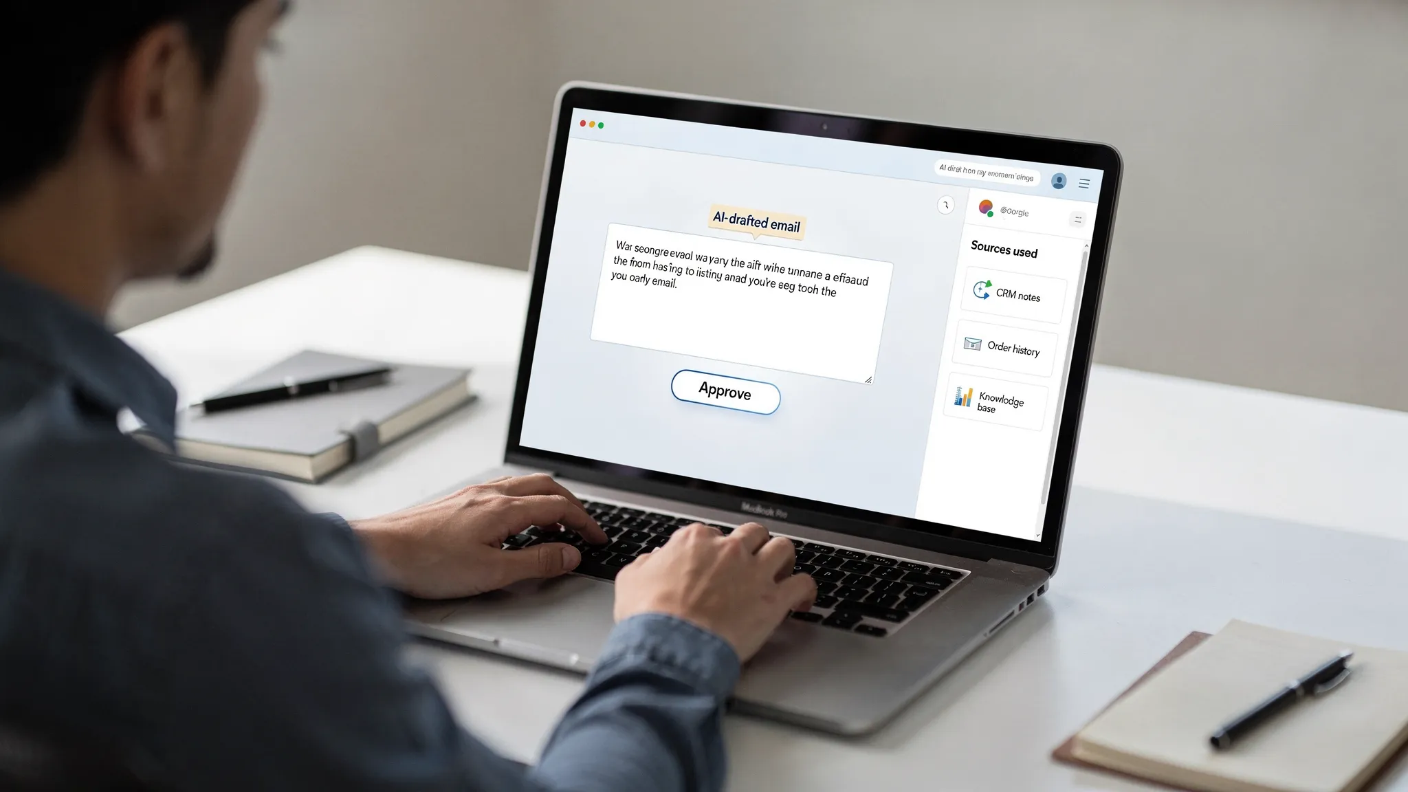 A sales or account manager reviewing an AI-drafted email inside a CRM on a laptop, with a visible “Approve” button and a sidebar showing the sources used (CRM notes, order history, knowledge base). The laptop screen faces the viewer and no content is visible behind the screen.