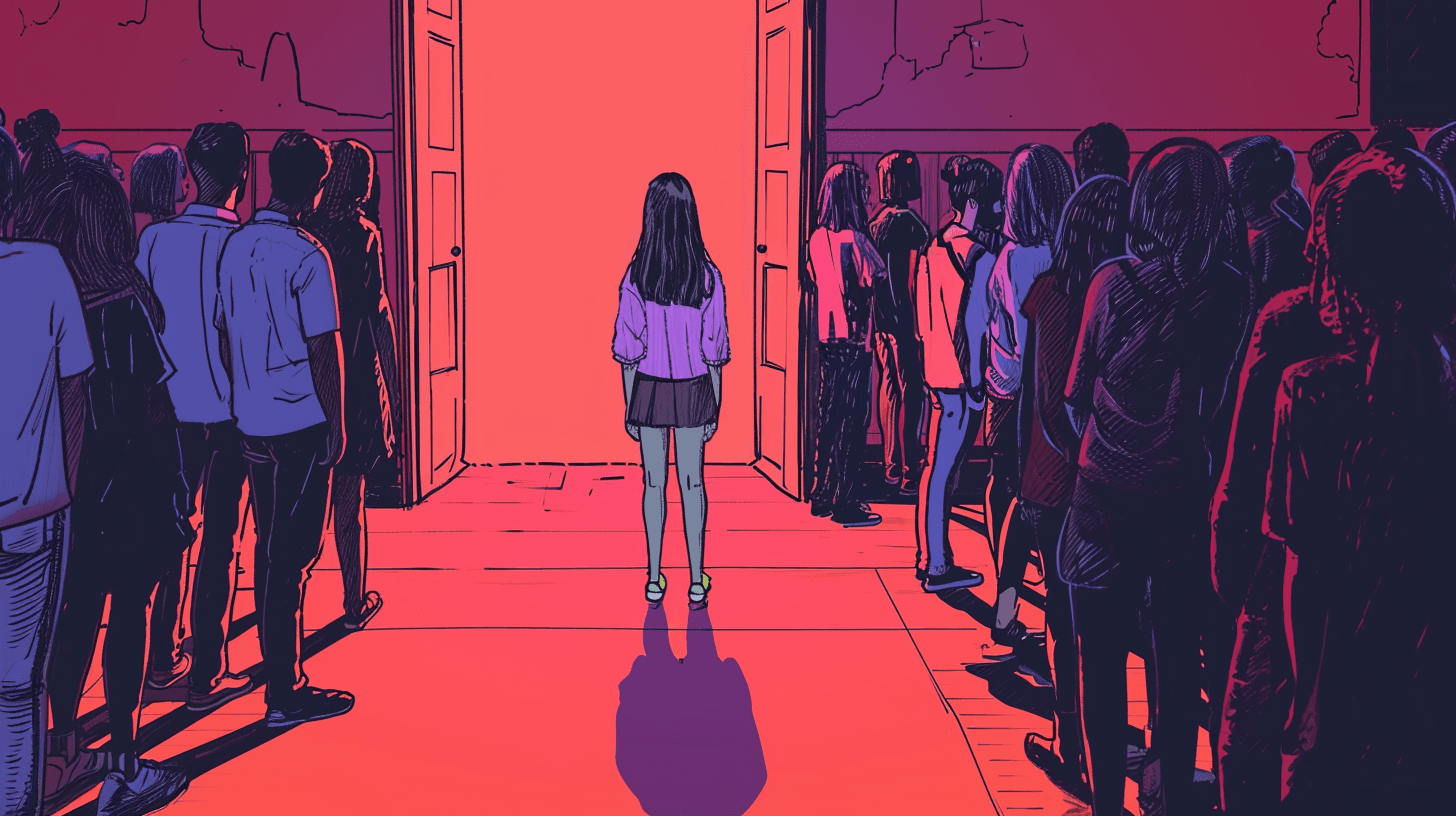 A poignant illustration of a young woman standing alone, surrounded by a bustling crowd, metaphorically highlighting the loneliness of personal mental health struggles in a busy, indifferent world.