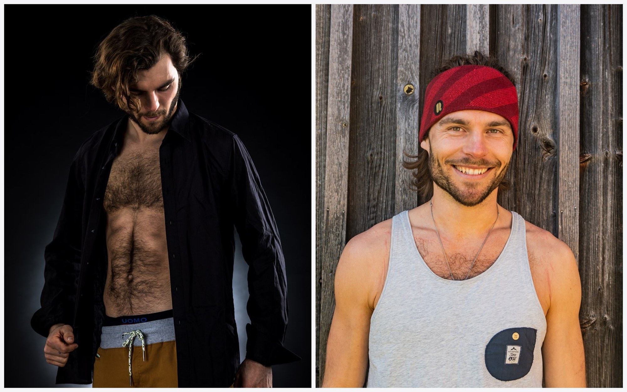 Two looks of Tobi Deckert: on the left the studio portrait with natural body hair, on the right the unstyled outdoor look — body hair and grooming belong in the conversation before the shooting day