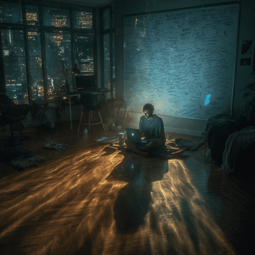A hyper-realistic cinematic image of a solo founder in their early 30s, sitting alone on the floor of a dim apartment at night, back against the wall, laptop half-closed beside them. City lights glow faintly through a nearby window, casting fractured reflections across the hardwood floor. Around the founder, ghostlike projections of their own thoughts hover mid-air in soft, semi-transparent forms one version anxiously comparing themselves to a social feed floating in the darkness; another staring at a whiteboard crammed with strategy loops and red string; a third obsessively sketching perfect designs by candlelight; and a final version hiding under a blanket with unread messages glowing on a phone screen. The central figure looks exhausted but aware a moment of painful clarity. Lighting is moody and contrast-heavy with deep shadows and warm flickers from a nearby desk lamp. The scene feels intimate, like a documentary frame frozen in time, evoking emotional depth, self-doubt, and quiet resilience. no text, no surrealism, no coworking space, no staged poses