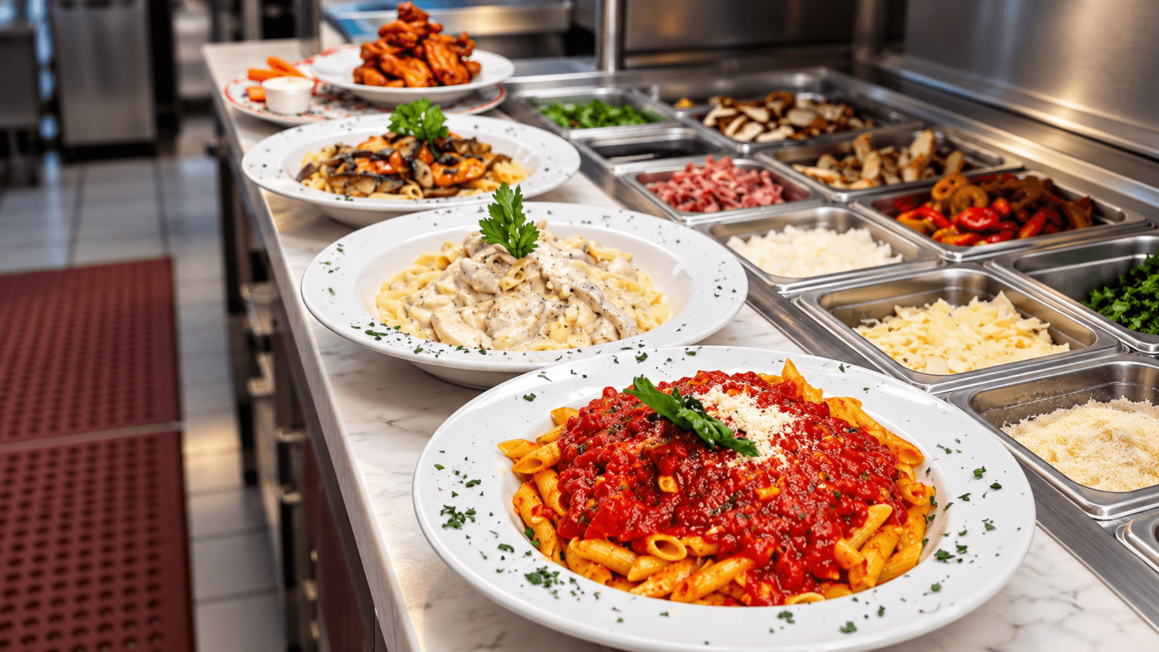 Penne alla vodka and pasta dinners on the kitchen line at Danny’s