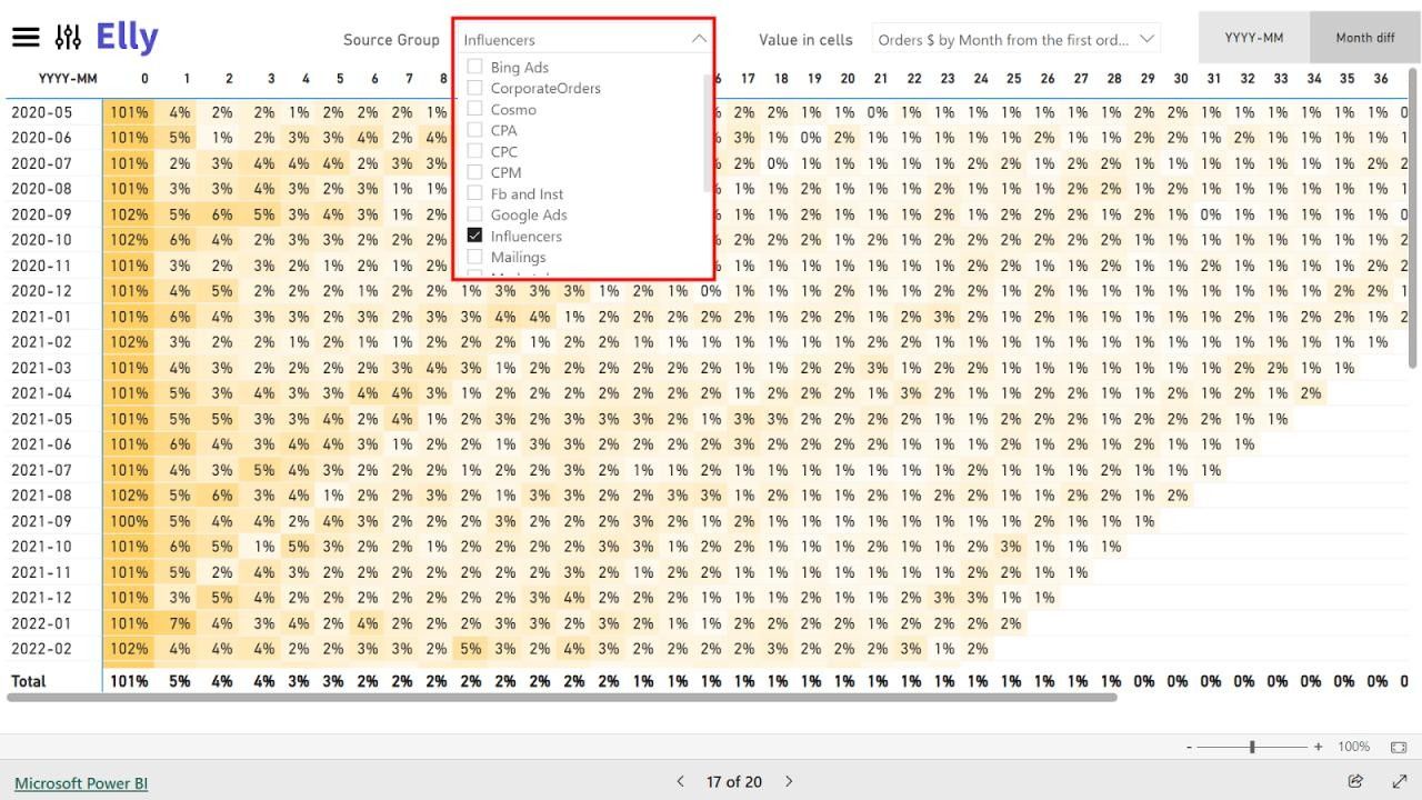 Cohort analytics influencers table screenshot