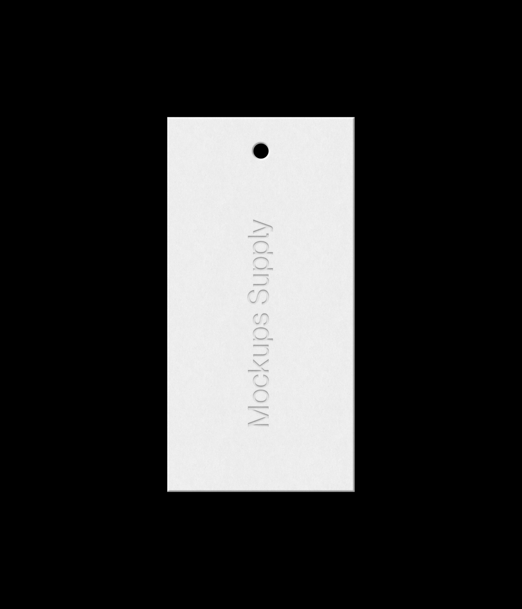 White clothing hang tag mockup on black background with realistic debossed text effect for Photoshop download psd