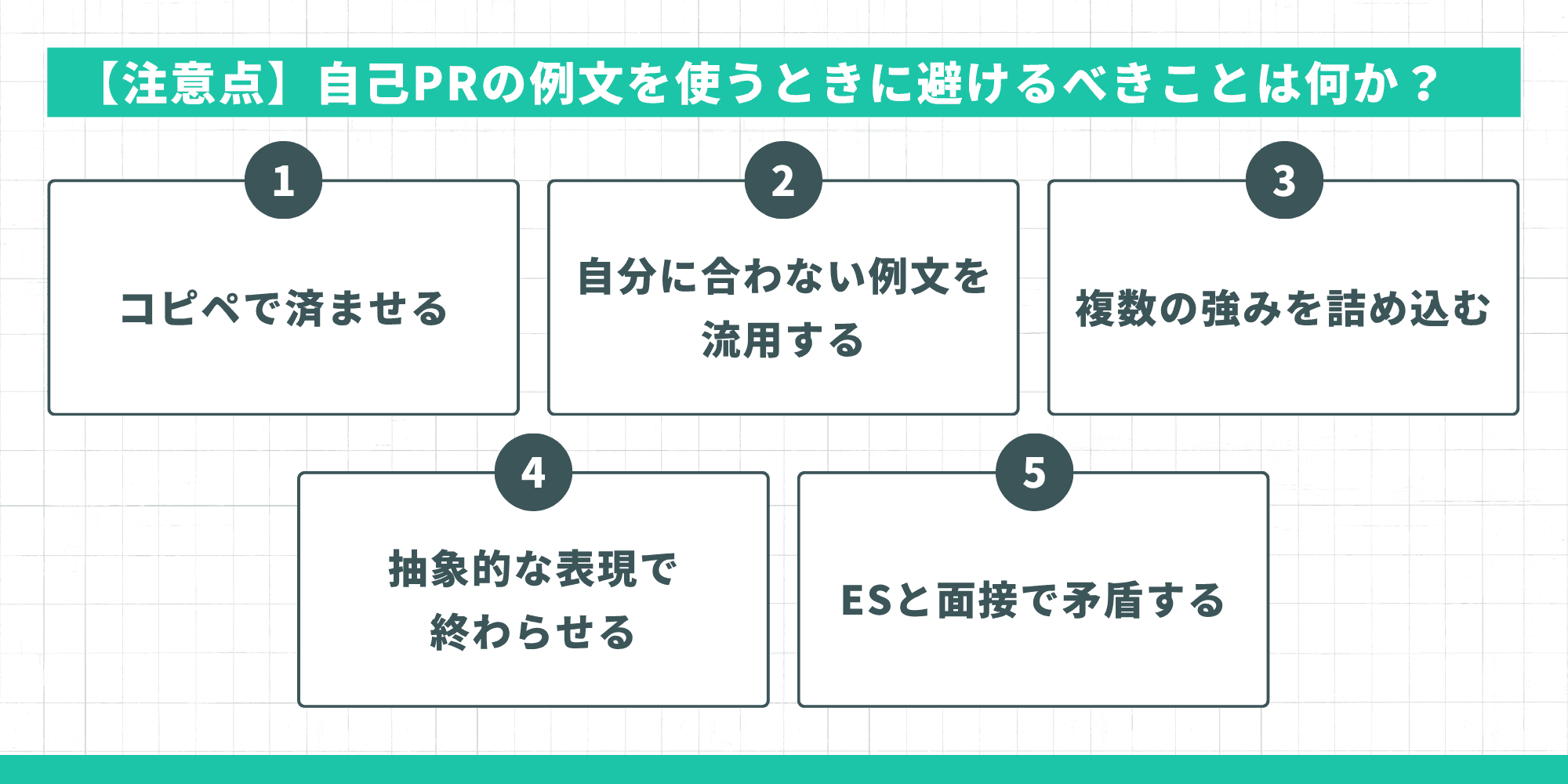 【注意点】自己PRの例文を使うときに避けるべき5つのこと(コピペ・自分に合わない例文の流用・複数の強みを詰め込む・抽象的な表現・ESと面接で矛盾する)