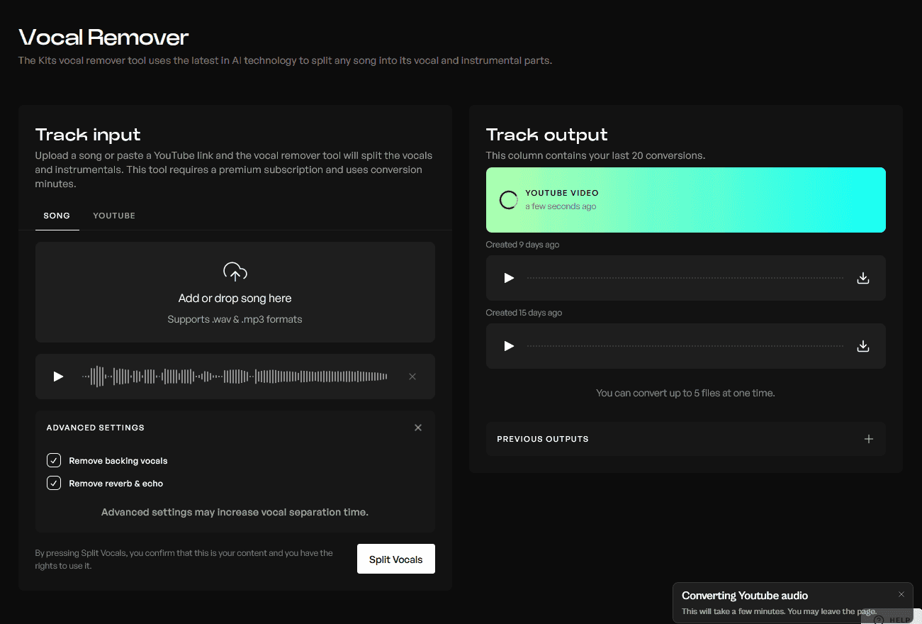 Loading screen of an audio vocal removal in progress