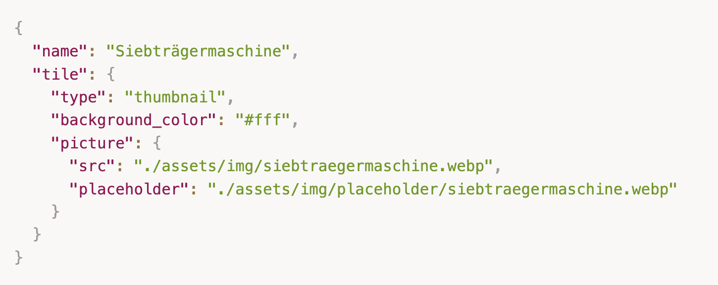 JSON-Beispiel für Technische Dokumentation: Strukturierter Datensatz mit Name, Bildpfad und Metadaten in kompakter JSON-Syntax.