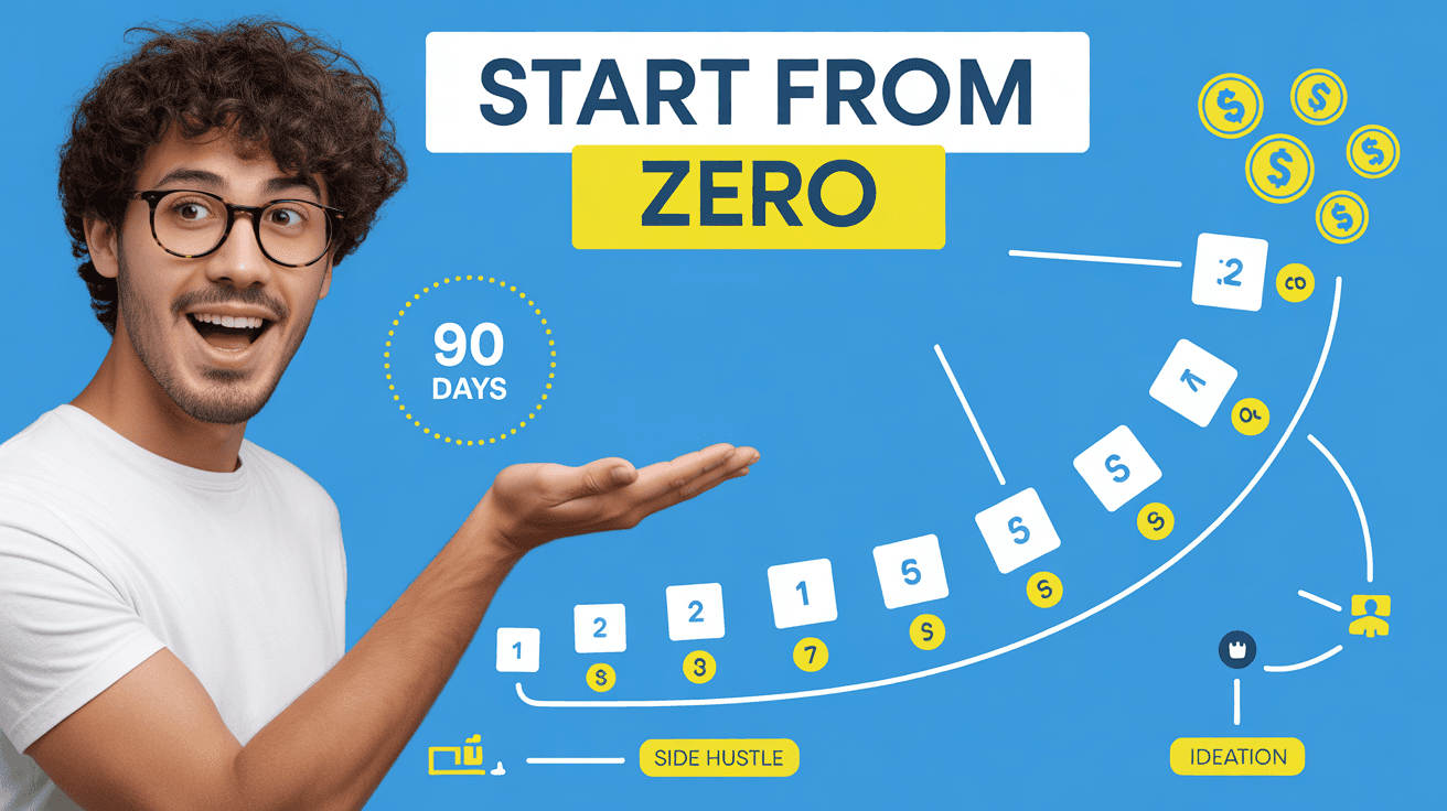 Creator gesturing to blue step-by-step $1M roadmap board with growth path graphic