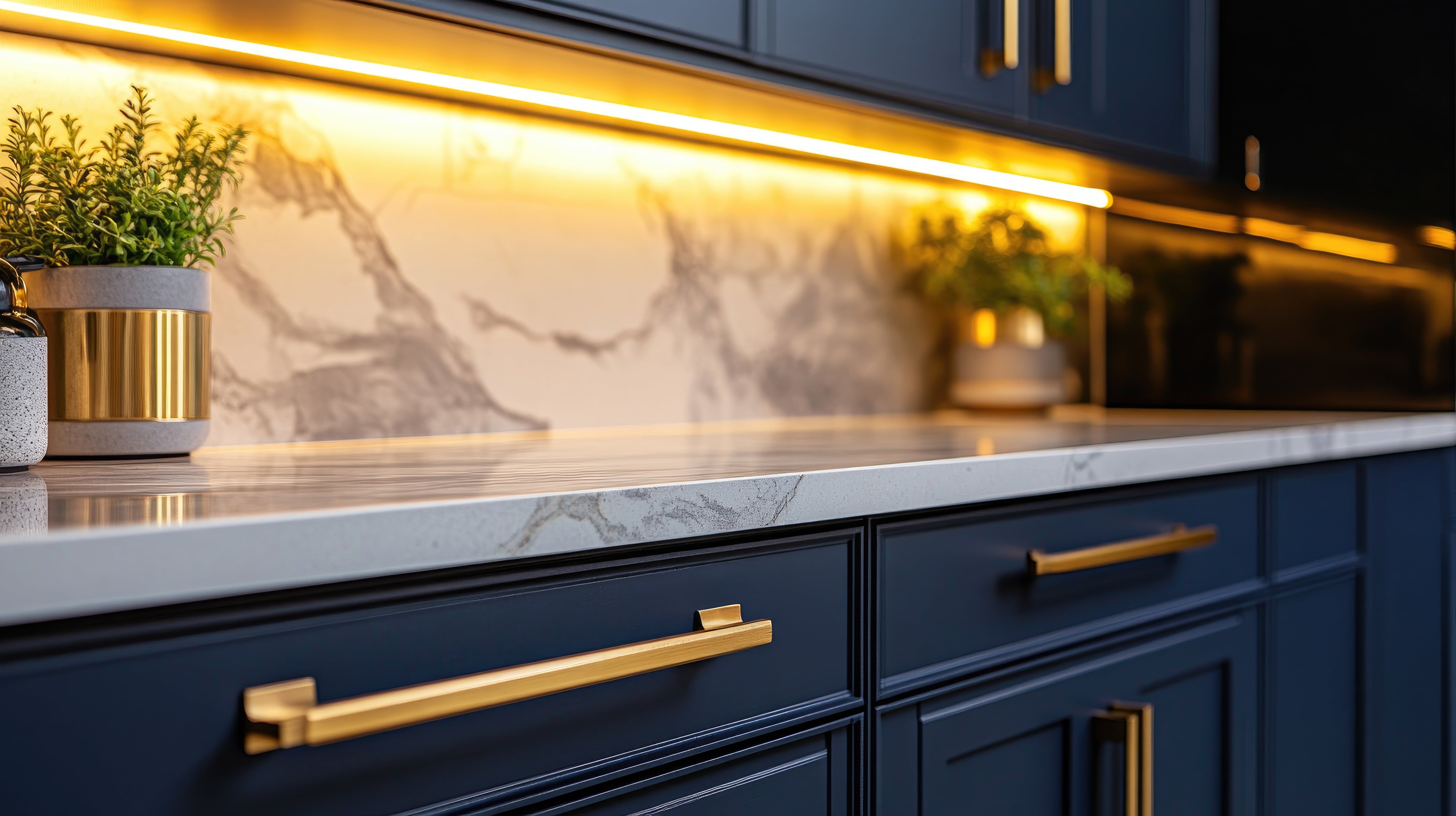 closeup blue cabinets with brass fixtures