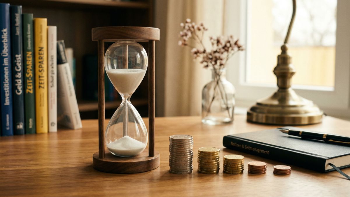 Sanduhr neben Euro-Münzstapel — Symbol für Zeitwertkonto und Wertguthaben	