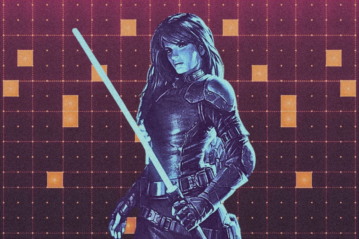 Mara Jade Skywalker holding her lightsaber in a black outfit. The figure is tinted blue, and she's in front of a maroon and orange background.