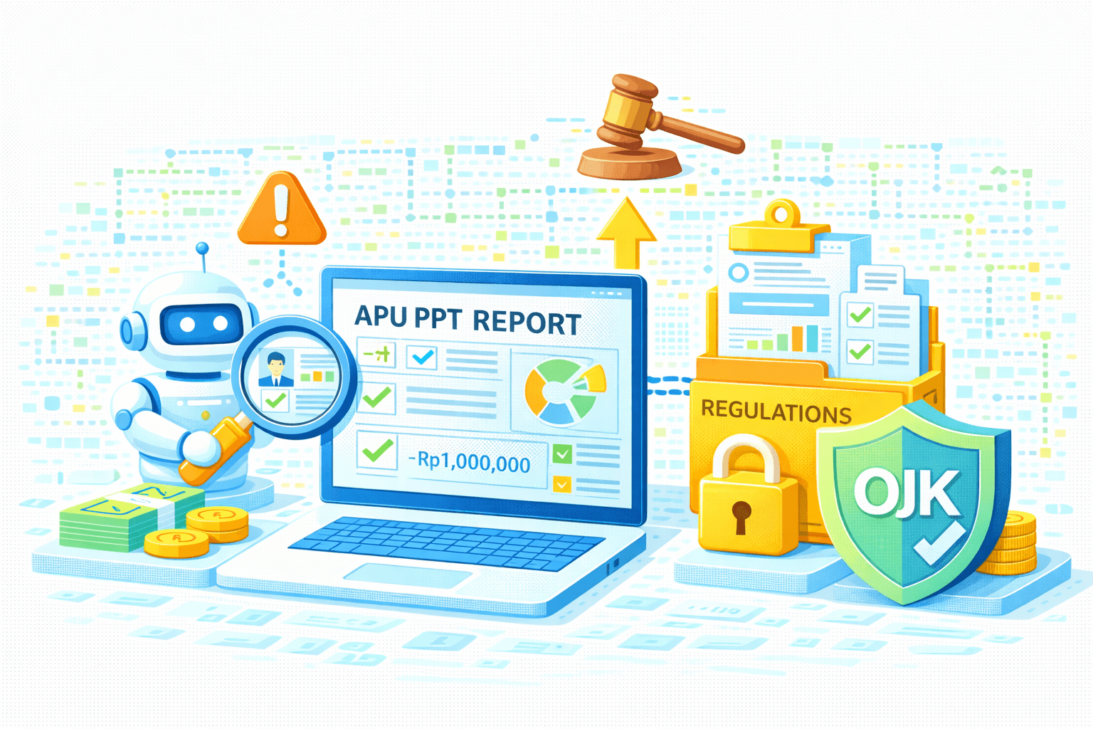 Ilustrasi pelaporan APU‑PPT (AML/CFT) berbasis AI dan kepatuhan OJK. Di tengah, laptop menampilkan APU PPT REPORT dengan profil nasabah, grafik, checklist hijau, dan nilai −Rp1.000.000 yang telah diverifikasi. Di kiri, AI/robot assistant memegang kaca pembesar untuk pemeriksaan KYC/risiko, disertai ikon peringatan (alert) dan uang/koin sebagai dampak finansial. Di kanan, folder “REGULATIONS” dengan gembok dan perisai OJK bertanda centang menandakan kepatuhan dan kontrol akses; palu hakim di atas melambangkan penegakan hukum/regulasi. Panah ke atas menunjukkan eskalasi/approval. Visual merepresentasikan alur monitoring transaksi, review AI, pelaporan APU‑PPT, dan compliance OJK yang aman dan terdokumentasi end‑to‑end.