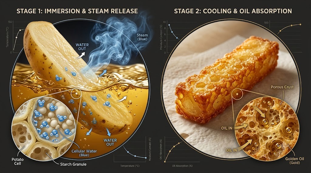 A high-end food science infographic split into two stages, illustrating the deep-frying process of a potato fry with detailed cross-sections showing microscopic pores. The image details 'Stage 1: Immersion and Steam Release,' where steam is shown escaping a potato, and 'Stage 2: Cooling and Oil Absorption,' where oil is shown entering the porous crust. Blue water molecules, steam accents, and warm golden oil tones are used for visualization. Realistic food textures and a sophisticated magazine style are featured against a dark neutral background, with no people, logos, or embedded nutritional claims.