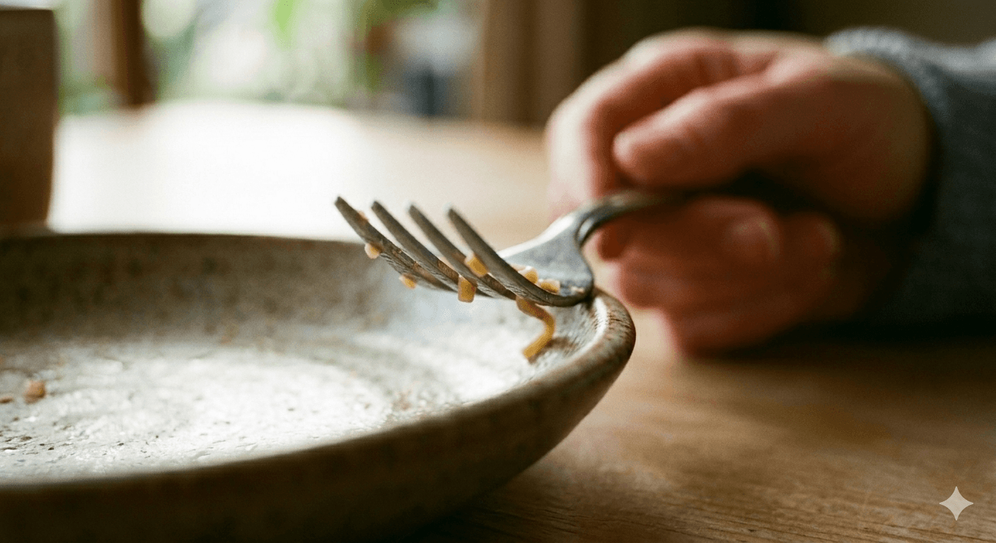 Fork resting on plate mid-meal — practising slower eating to improve satiety and reduce overeating