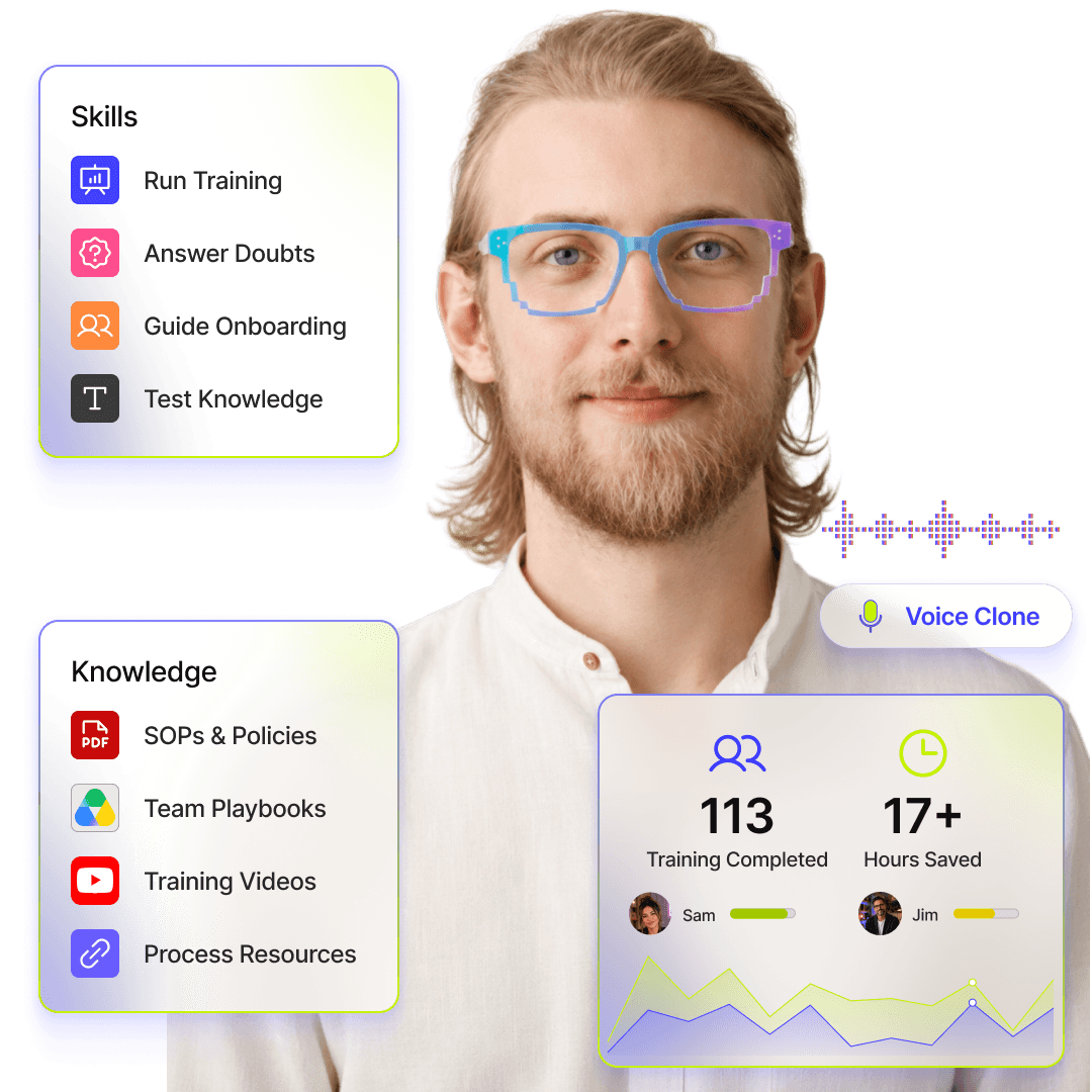 a voice Internal Training Agent hero image showing SOP training, onboarding guidance, knowledge checks, and team playbooks in an AI assistant interface.agent visualisation