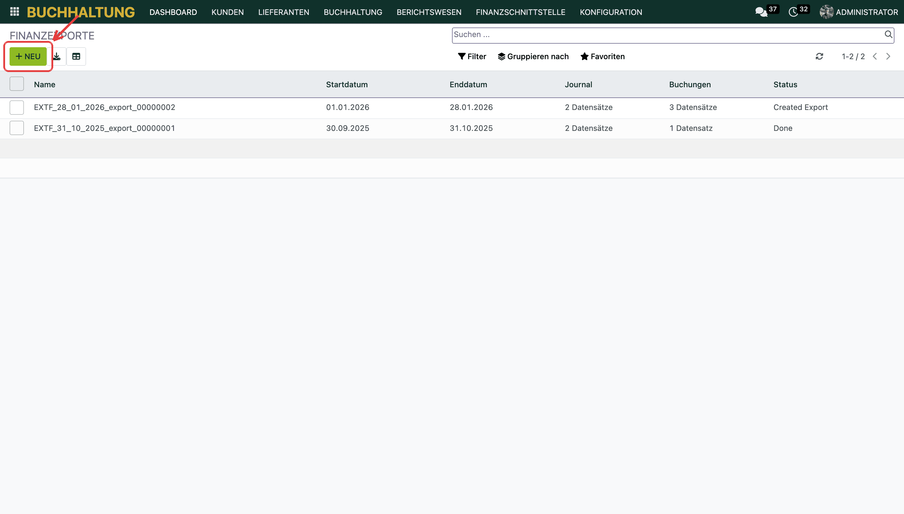 Buchhaltung → Finanzschnittstelle → Finanzexporte → Neu