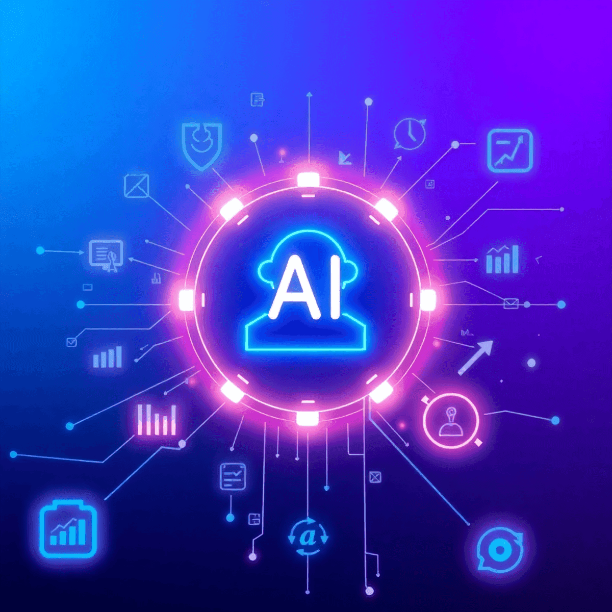 A glowing AI assistant icon amid abstract data streams, graphs, arrows, and network symbols on a vibrant blue-purple gradient background.