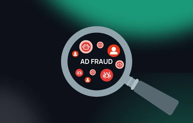 Dunkler Hintergrund mit grünen visuellen Elementen. In der Mitte ist eine Lupe, in der du die Wörter 'Anzeigenbetrug', sowie Bots und Betrüger siehst.