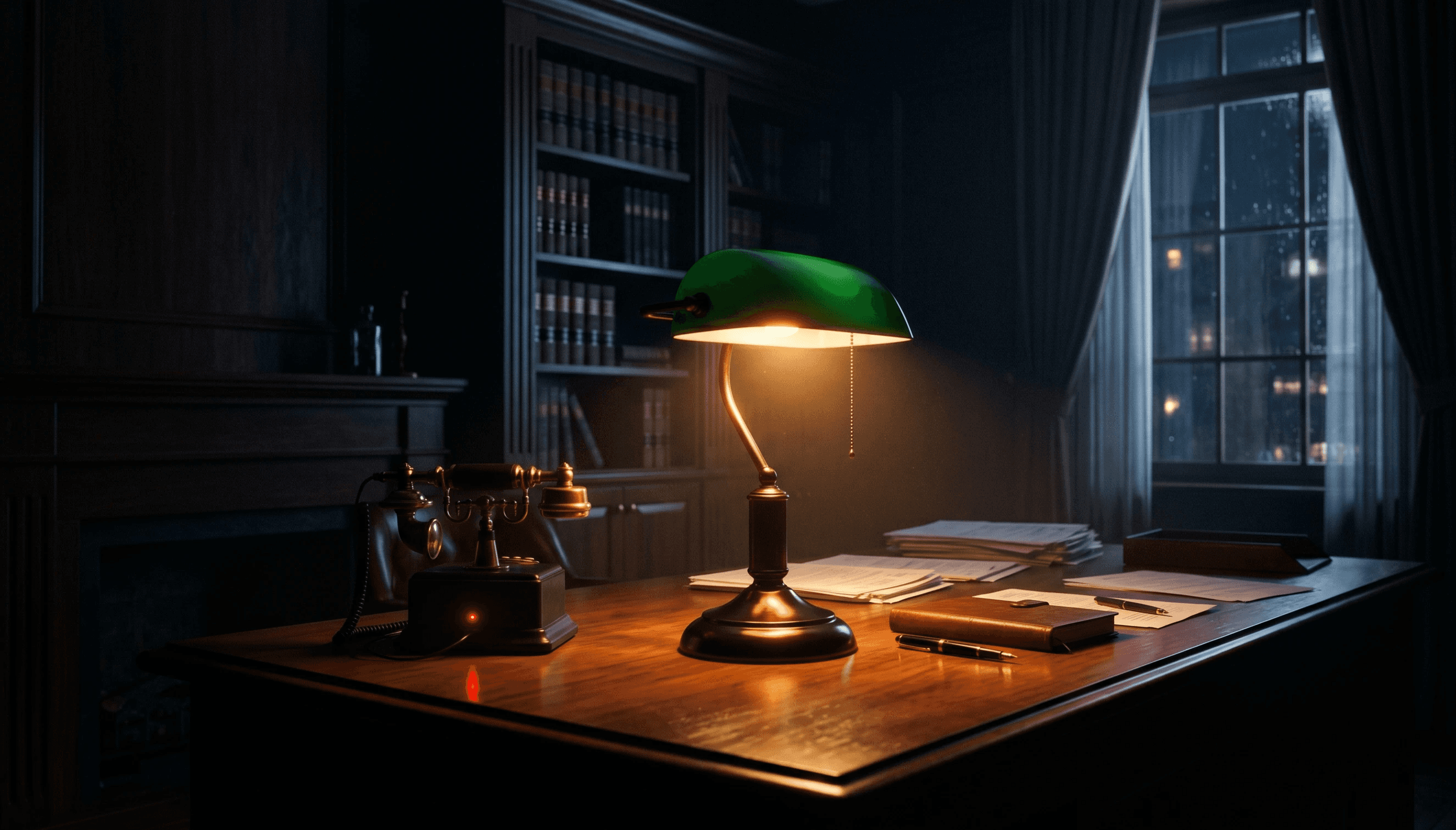 Empty US personal injury law office at night with phone            showing flashing voicemail — represents after-hours            intake calls going unanswered.