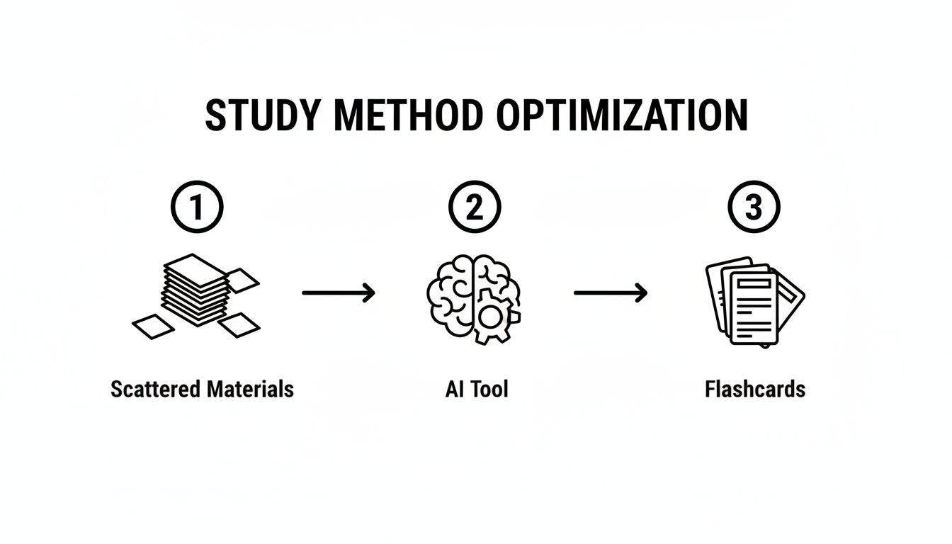 A flowchart showing study method optimization: scattered materials become flashcards via an AI tool.