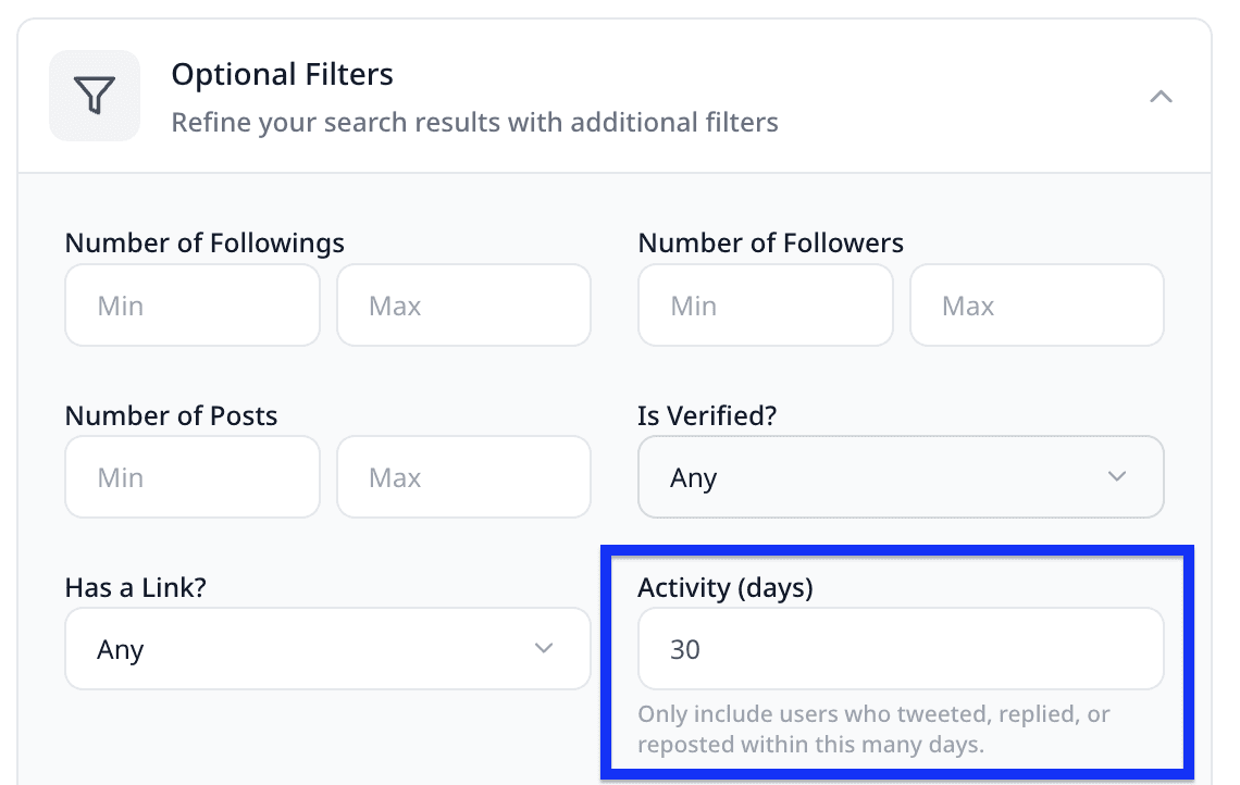 Xollo Optional Filters panel - Activity days filter for X outreach and Twitter outreach