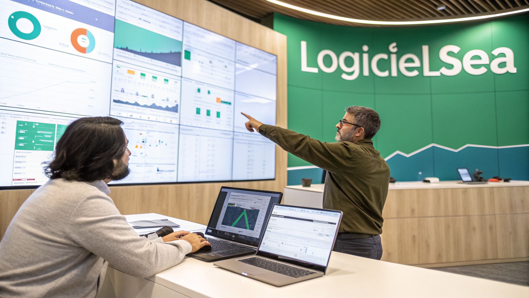 Deux hommes analysent des données sur un grand écran et des ordinateurs portables dans un bureau moderne.