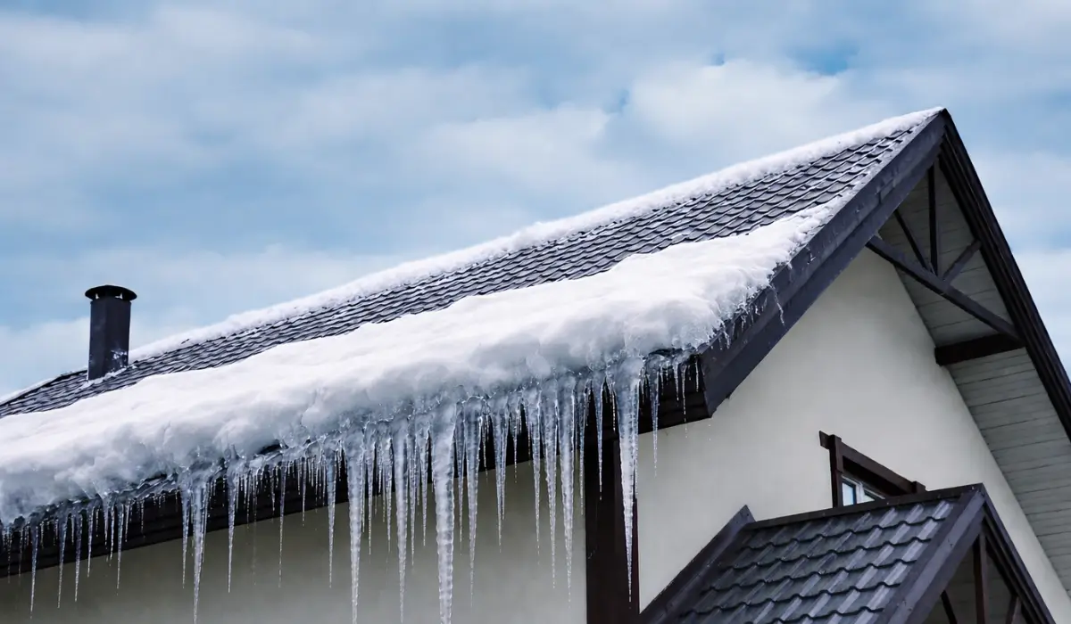 Icicles hanging from a snow-covered roof edge showing early signs of ice dams forming on a residential home.
