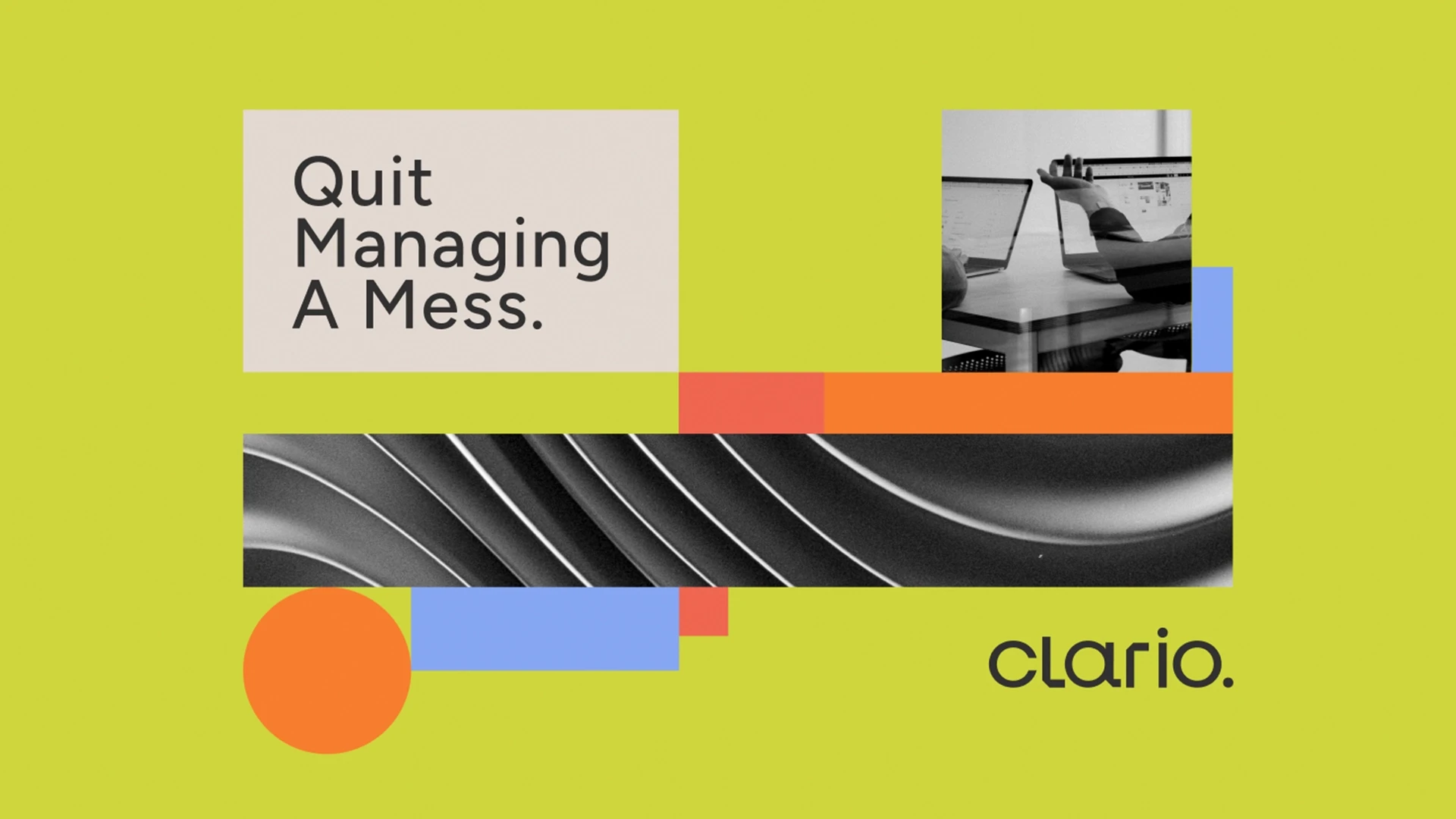 Yellow background layout showing the Clario logo, headline, and geometric brand elements together as a closing brand summary.