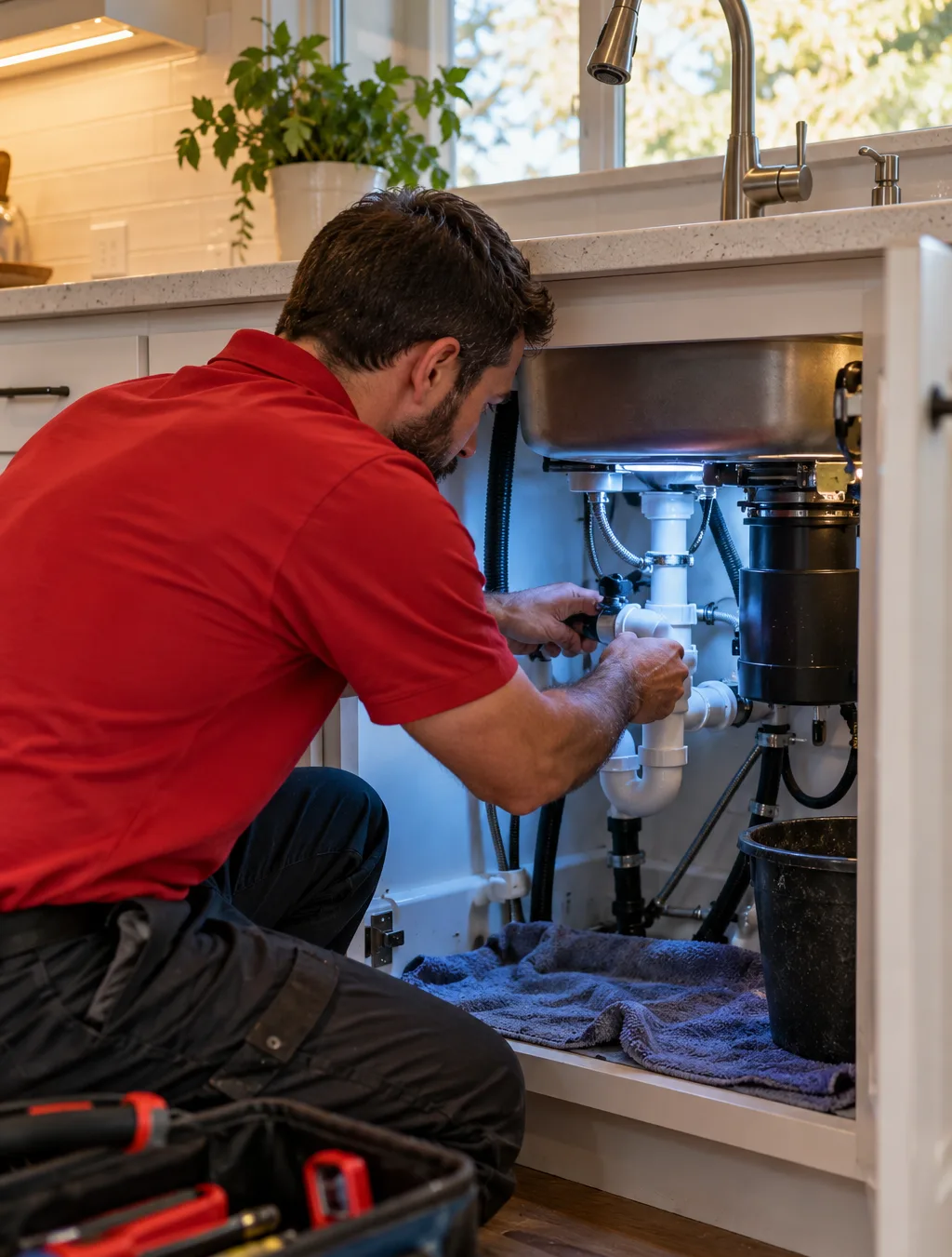 Plumber repairing pipes under a sink