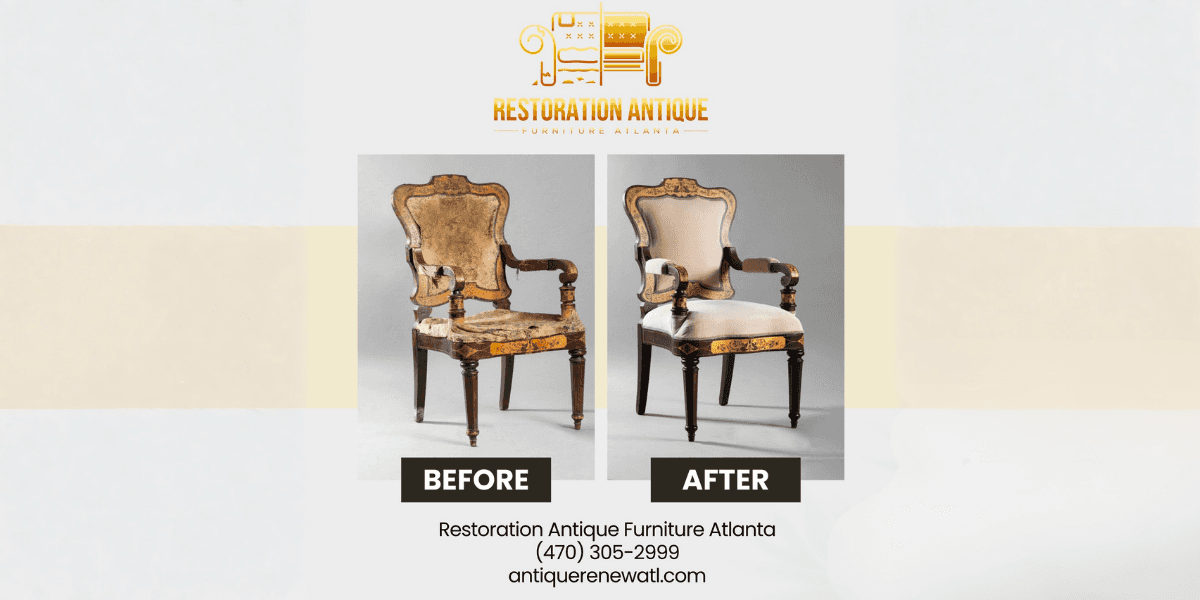 "Restoration Antique Furniture Atlanta showcases a beautifully restored chair, highlighting their craftsmanship in antique and vintage furniture restoration."
