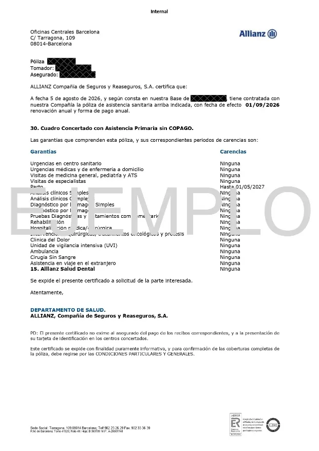 Certificado de ejemplo del seguro médico Allianz sin copago para el visado de estudios, con los periodos de carencia "Ninguna" en cada garantía