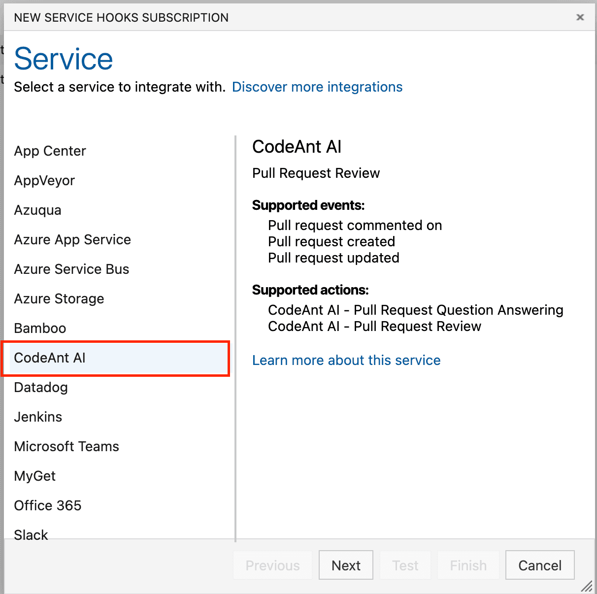 Azure DevOps new service hooks subscription dialog with CodeAnt AI selected as the service