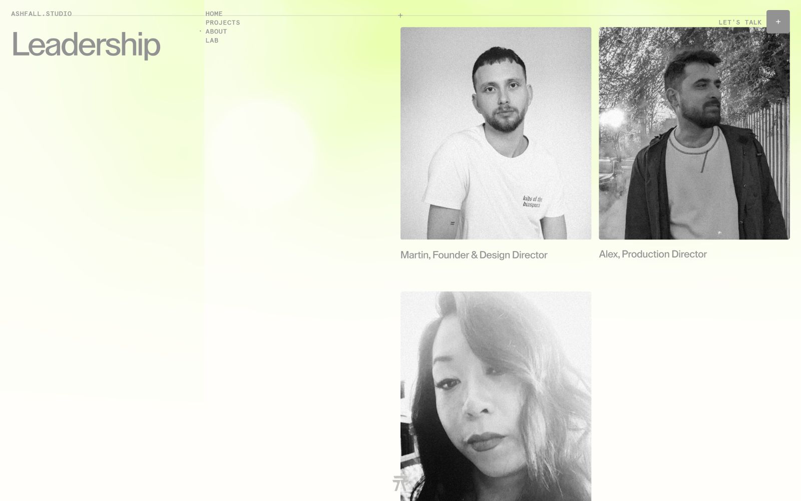 Leadership page with grayscale photos of three people: Martin, Alex, and a woman. Text reads "Martin, Founder & Design Director" and "Alex,...