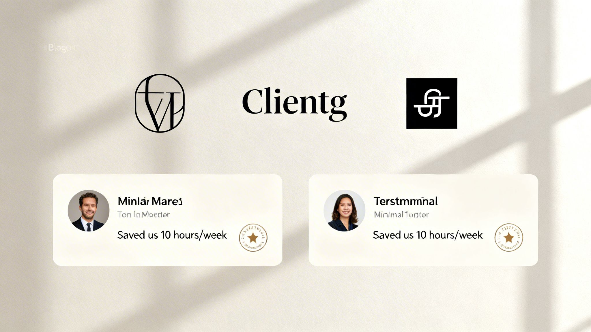 Two customer testimonials featuring diverse professionals praising a service for saving them 10 hours weekly.